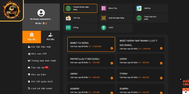 Nạp tiền 8KBET nhanh qua ngân hàng